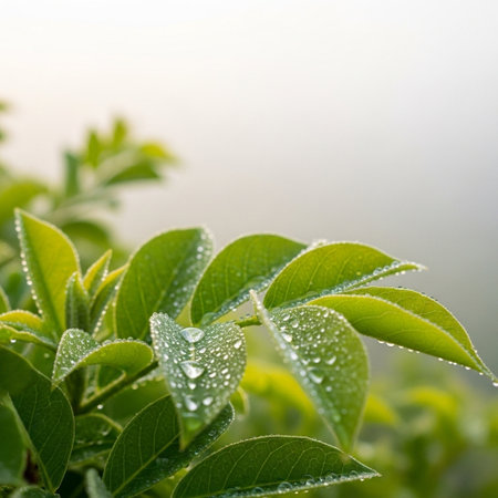Green leaves with dew drops in the morning. Nature background.