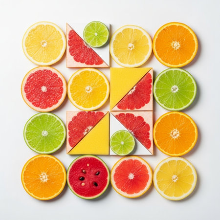 Slices of citrus fruit on a white background, top view