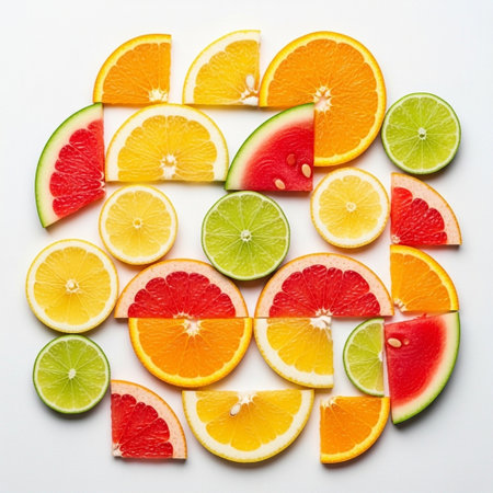 Slices of citrus fruit on white background.