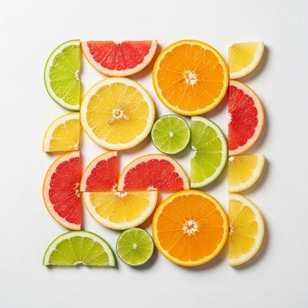 Slices of different citrus fruit on white background, top view