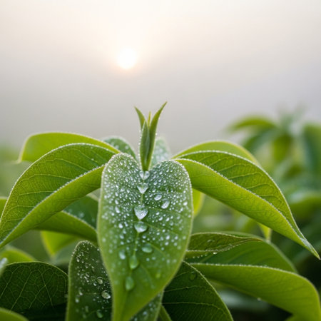 Green leaves with morning dew, nature background. (Selective focus)