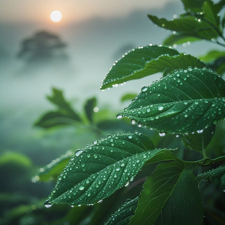 Morning dew on the leaves of a tea tree. Nature background