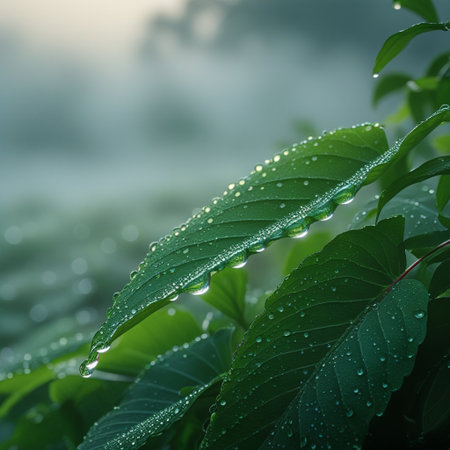 Water drops on green leaf with morning dew. Nature background.