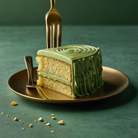 Green tea crepe cake with pistachios on a green background