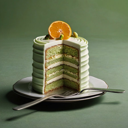 Cake with orange and green tea cream on a green background.の写真素材