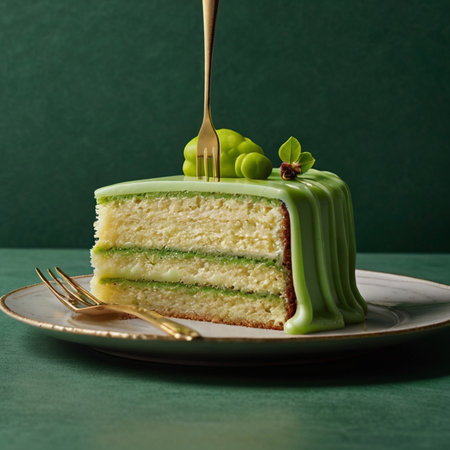 Green tea cake on green background. Selective focus. Toned.