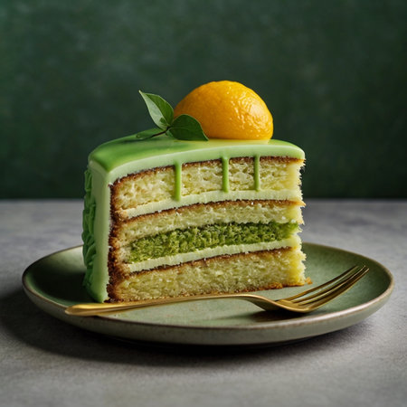 Delicious green tea cake with lemon and mint on a gray backgroundの写真素材