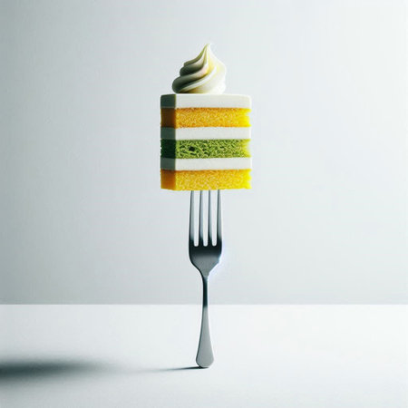 Cake on a fork on a white background. Toned.の写真素材