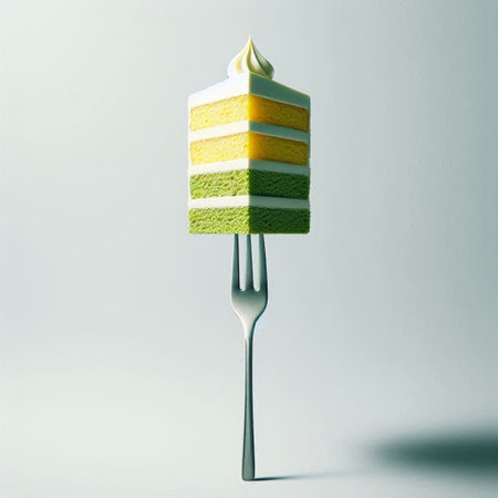 A slice of cake on a fork on a white background.の写真素材