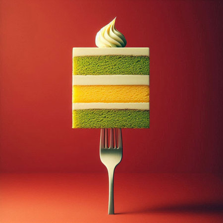 Piece of cake on a fork on a red background. 3d illustration