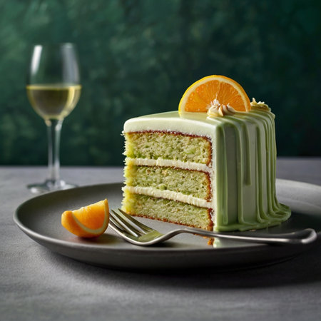 Cake with orange cream on a plate. Selective focus.の写真素材