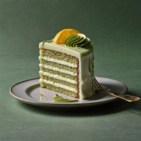 Green tea cake with cream and orange on a green background, verticalの写真素材