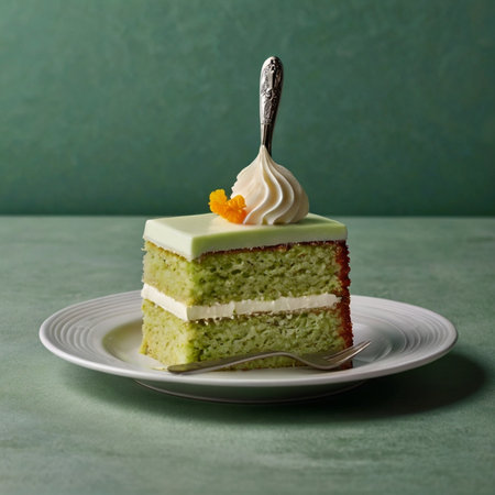 Green tea cake with whipped cream on a green background. Selective focus.の写真素材