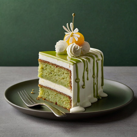 Green tea cake with whipped cream and chamomile on green backgroundの写真素材