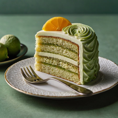 Lime cake with orange on a green background. Selective focus.の写真素材