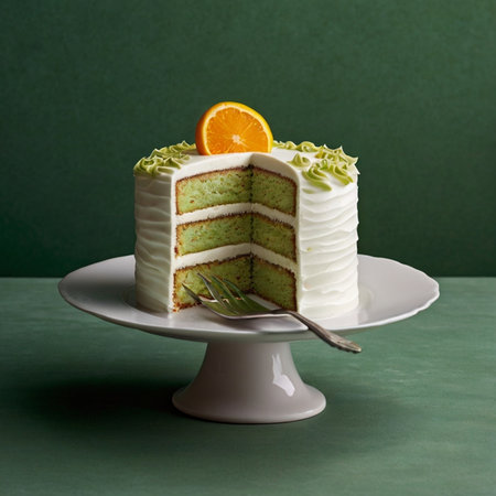 Slice of orange cake on white cake stand with green background.の写真素材