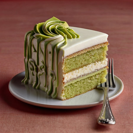 Green tea cake with cream on a white plate. Selective focus.の写真素材