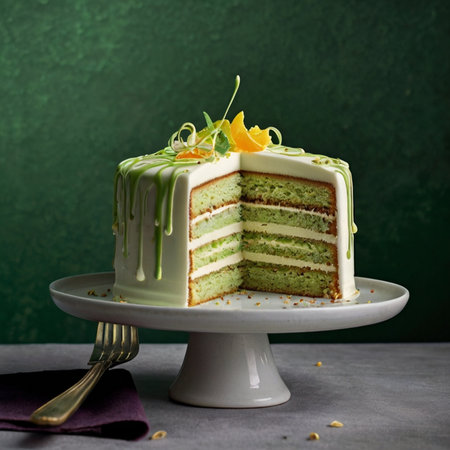 Piece of green tea cake with cream and orange on a white standの写真素材