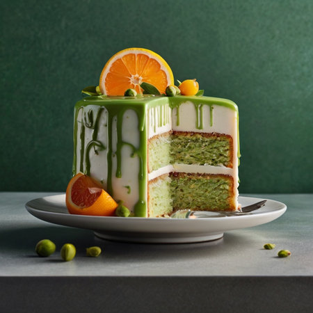 Green tea cake with orange and pistachios on a green background