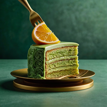 Green tea cake with orange on green background. Selective focus.の写真素材