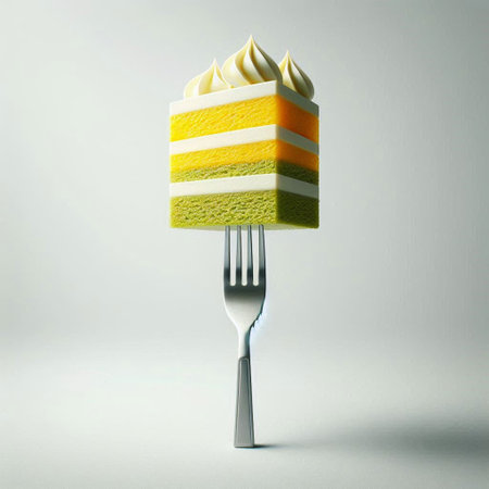 Cake on a fork on a gray background, 3d renderの写真素材