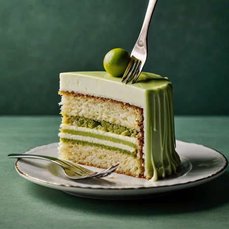 Green tea cake with kiwi and lime on a green backgroundの素材