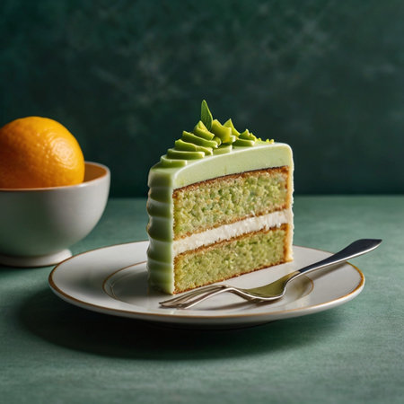 Green tea cake with whipped cream and fresh orange on a green backgroundの素材