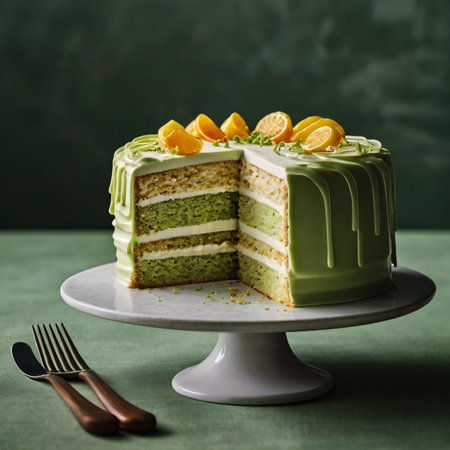 Green tea cake with cream and tangerines on a green backgroundの素材