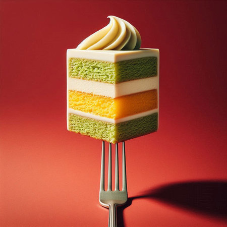 Colorful cake on a fork on a red background with a shadowの素材
