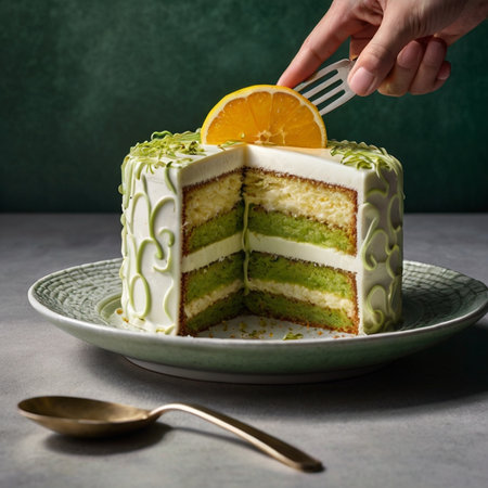 Tiramisu cake with orange and cream on a green plateの素材
