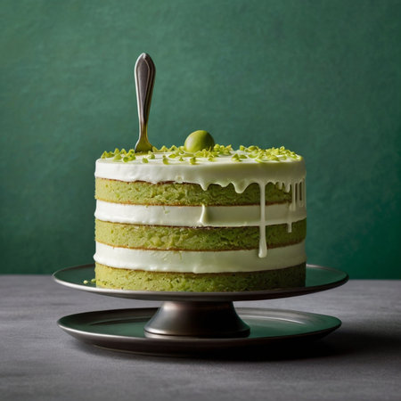 Green tea cake with whipped cream and green apples on a green backgroundの素材