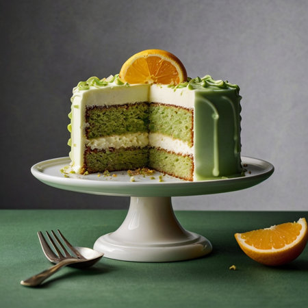 Cake with green tea cream and orange on a green background.の素材