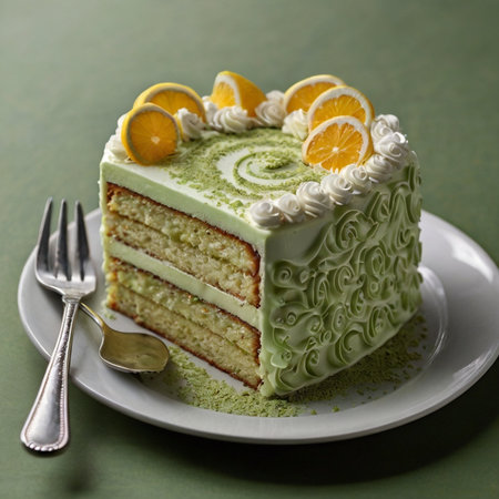 Green tea cake with orange slices on a green background, selective focusの素材