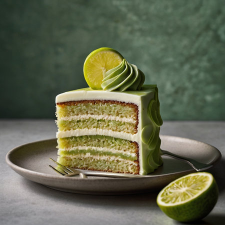 Lime cake on a plate with lime slices on a gray backgroundの素材