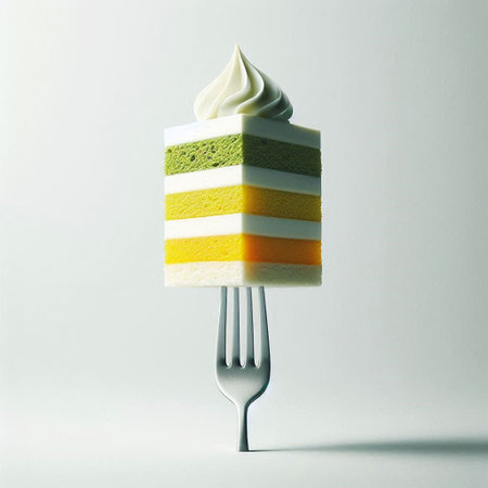 A piece of cake on a fork isolated on a white background.の素材