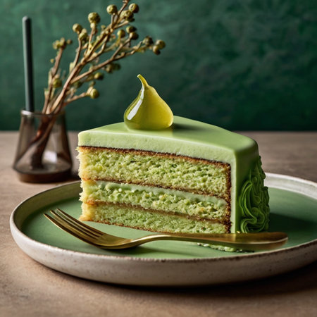 Green tea cake with pistachio cream. Selective focus.の素材