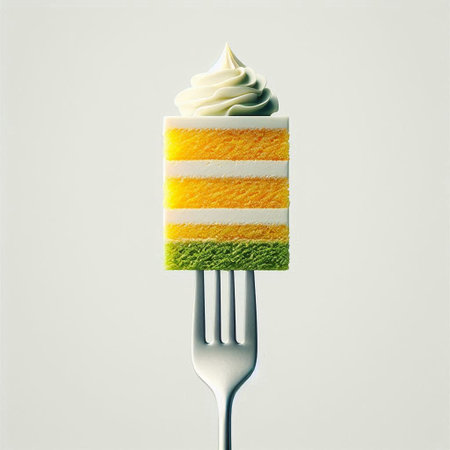 Piece of cake with whipped cream on a fork isolated on white backgroundの素材