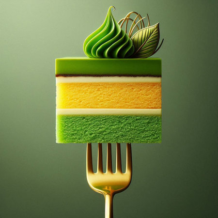 Green cake on a fork on a green background. Toned.の素材