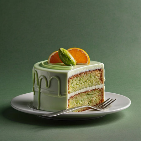 Piece of cake with orange and green cream on a green backgroundの素材