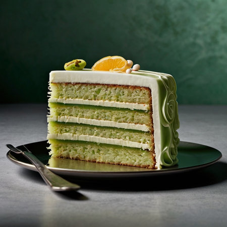 Piece of cake with green cream and orange on a dark backgroundの素材