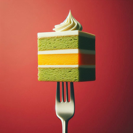 A piece of cake on a fork on a red background. Toned.の素材