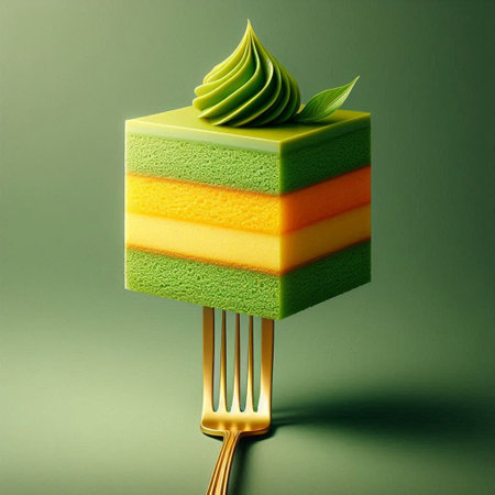 Green and orange sponge cake on a fork on a green background.の素材