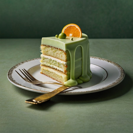Piece of cake with green tea and orange on a green backgroundの素材