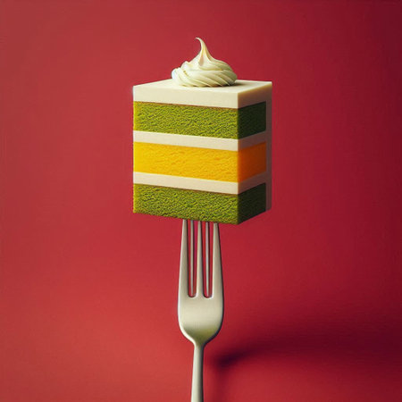 Piece of cake with cream on a fork against a red backgroundの素材