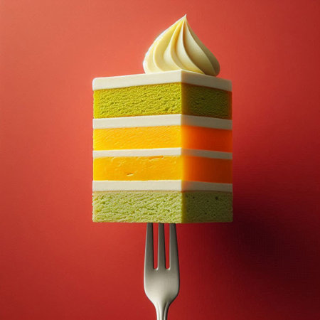 A piece of cake with cream on a fork on a red backgroundの素材