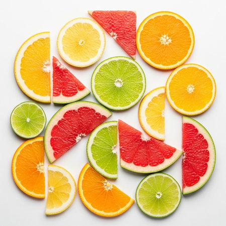 Citrus fruit slices on a white background, top view.