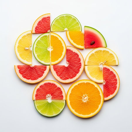 Variety of citrus fruit slices including lemons, grapefruits and oranges.の写真素材