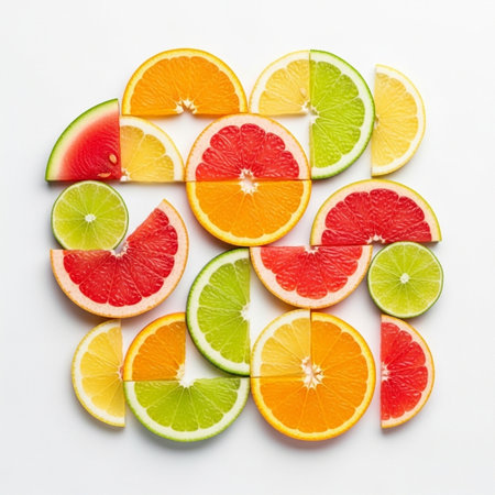 Slices of citrus fruit on white background, top view.の写真素材