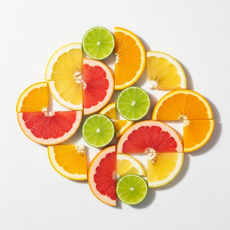 Slices of citrus fruit on white background, top view.の写真素材