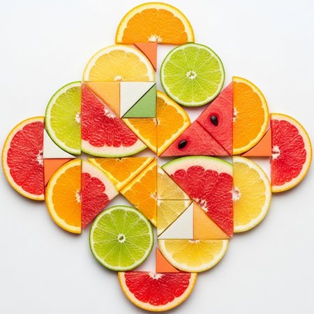 Slices of citrus fruit arranged in a geometric patternの写真素材